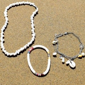 White Beaded Chocker a Puma Shell Bracelet & Silver Shell adjustable Anklet Set